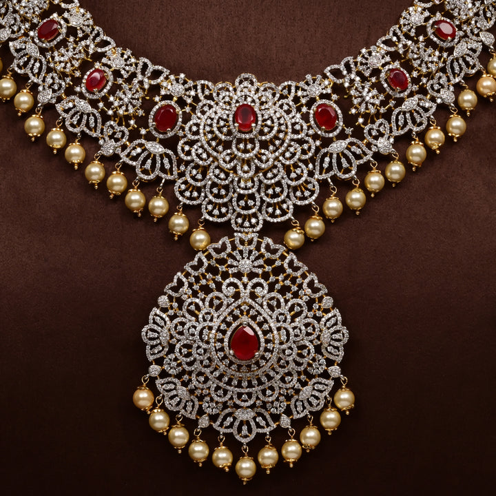 Close-up of Hriday collection of 92.5 silver short necklace with CZ stones, intricate floral motifs, and pendant design for bridal and festive wear by Sri fine jewellery, Hyderabad.