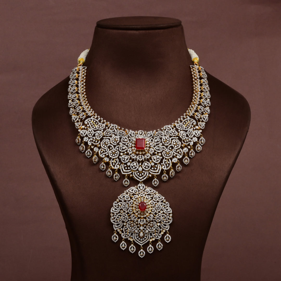Hriday collection of 92.5 silver short necklace with CZ stones, intricate floral motifs, and pendant design for bridal and festive wear by Sri fine jewellery, Hyderabad.