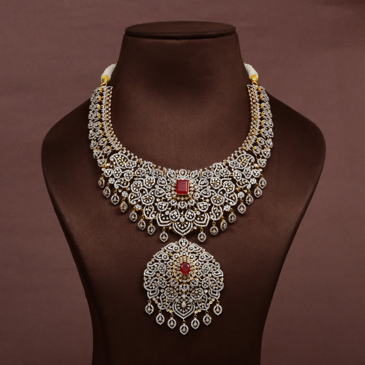 Hriday collection of 92.5 silver short necklace with CZ stones, intricate floral motifs, and pendant design for bridal and festive wear by Sri fine jewellery, Hyderabad.