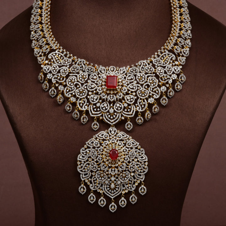Close-up of Hriday collection of 92.5 silver short necklace with CZ stones, intricate floral motifs, and pendant design for bridal and festive wear by Sri fine jewellery, Hyderabad.