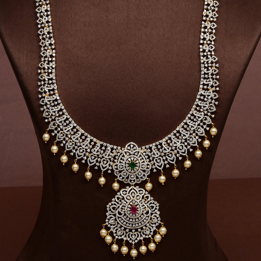 Luxury bridal necklace in 92.5 silver with cz stones and intricate design, handcrafted wedding jewellery for brides by Sri Fine Jewellery, Hyderabd
(https://srifinejewellery.com)