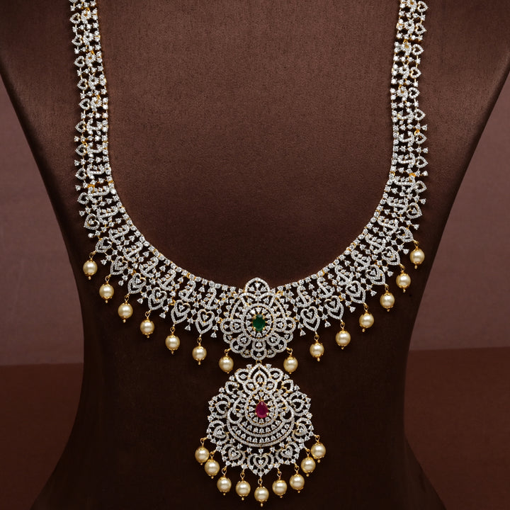 Luxury bridal necklace in 92.5 silver with cz stones and intricate design, handcrafted wedding jewellery for brides by Sri Fine Jewellery, Hyderabd
(https://srifinejewellery.com)