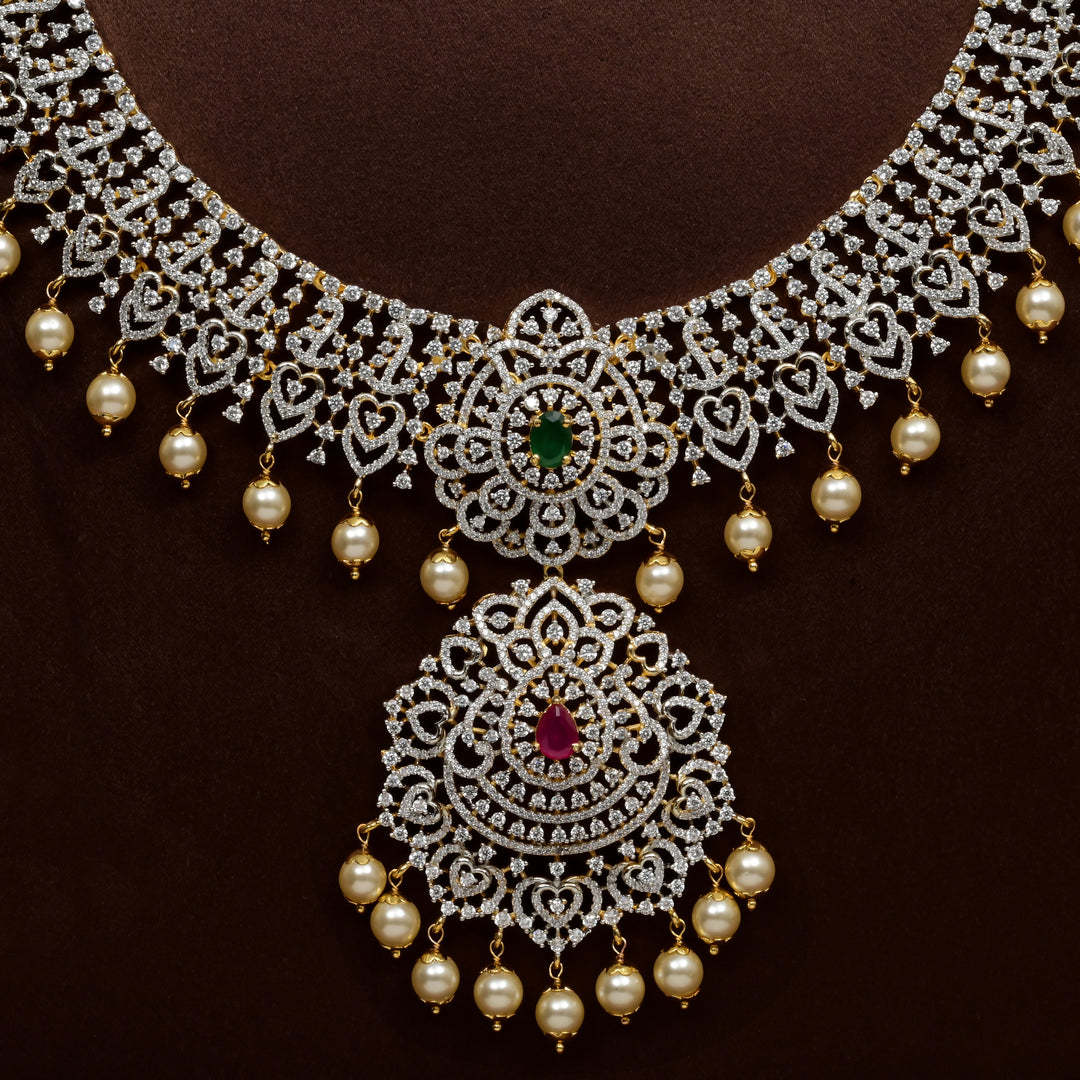 Luxury bridal necklace in 92.5 silver with cz stones and intricate design, handcrafted wedding jewellery for brides by Sri Fine Jewellery, Hyderabd
(https://srifinejewellery.com)