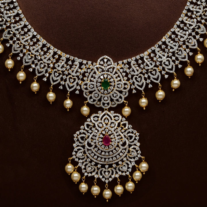 Luxury bridal necklace in 92.5 silver with cz stones and intricate design, handcrafted wedding jewellery for brides by Sri Fine Jewellery, Hyderabd
(https://srifinejewellery.com)