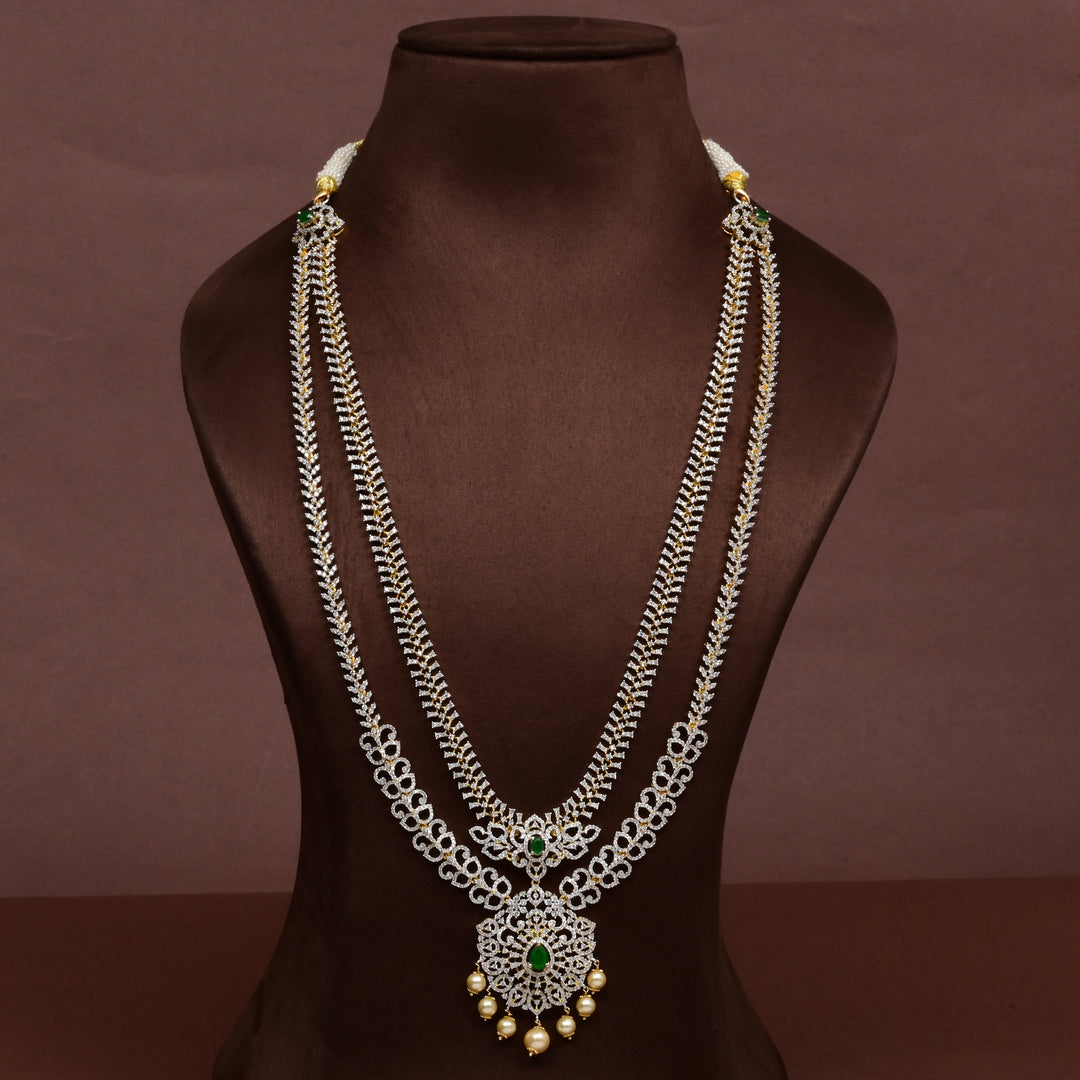 Hriday collection of 92.5 silver long necklace with CZ stones, intricate floral motifs, and pendant design for bridal and festive wear by Sri fine jewellery, Hyderabad