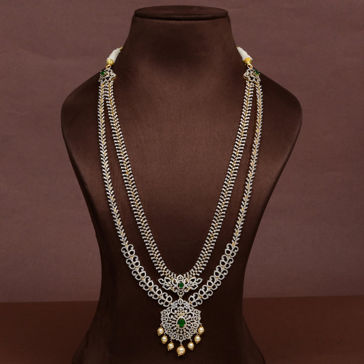Hriday collection of 92.5 silver long necklace with CZ stones, intricate floral motifs, and pendant design for bridal and festive wear by Sri fine jewellery, Hyderabad