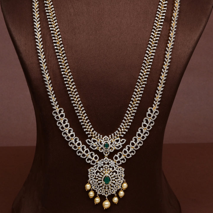 Close-up of Hriday collection of 92.5 silver long haram with CZ stones, intricate floral motifs, and pendant design for bridal and festive wear by Sri fine jewellery, Hyderabad.