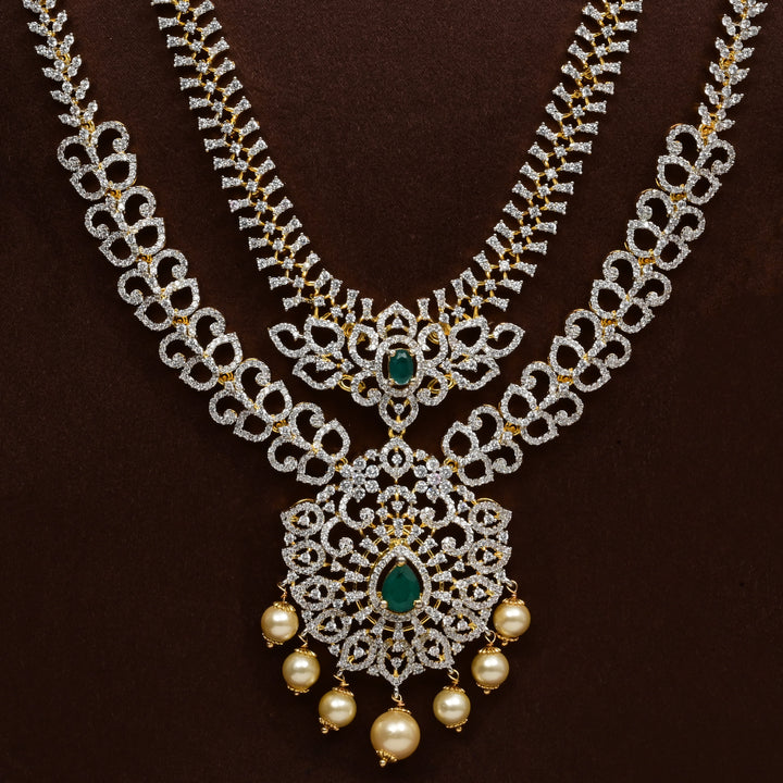 Close-up of Hriday collection of 92.5 silver long necklace with CZ stones, intricate floral motifs, and pendant design for bridal and festive wear by Sri fine jewellery, Hyderabad.