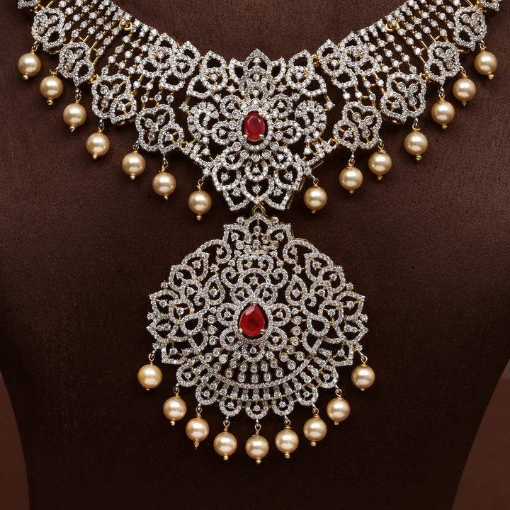Close-up of Hriday collection of 92.5 silver short necklace with CZ stones, intricate  design for bridal and festive wear by Sri fine jewellery, Hyderabad.
(https://www.srifinejewellery.com)