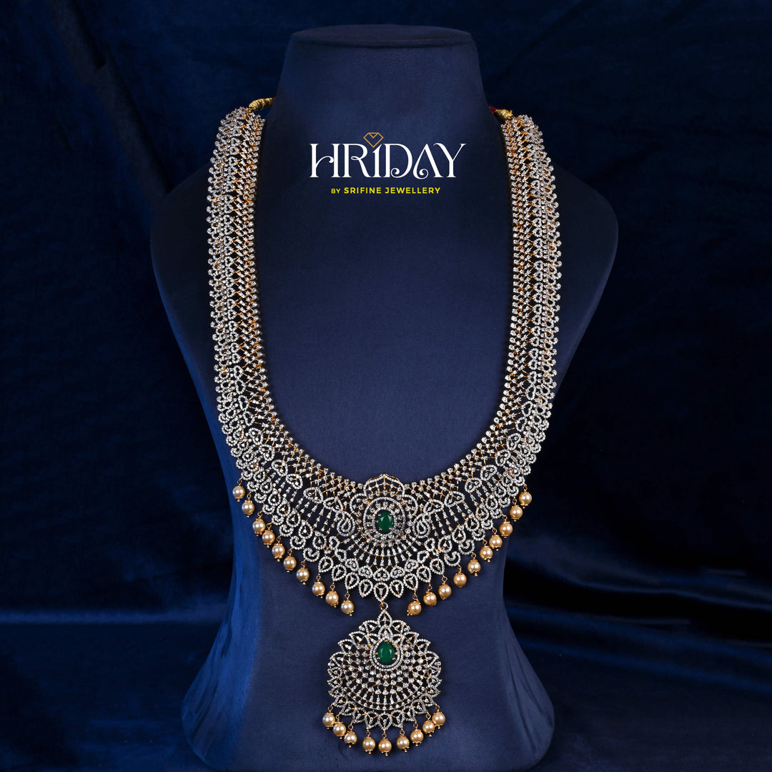 Luxury bridal necklace in 92.5 silver with semi-precious emerald stones and intricate design, handcrafted wedding jewellery for brides by Sri Fine Jewellery, Hyderabd
(https://srifinejewellery.com)
