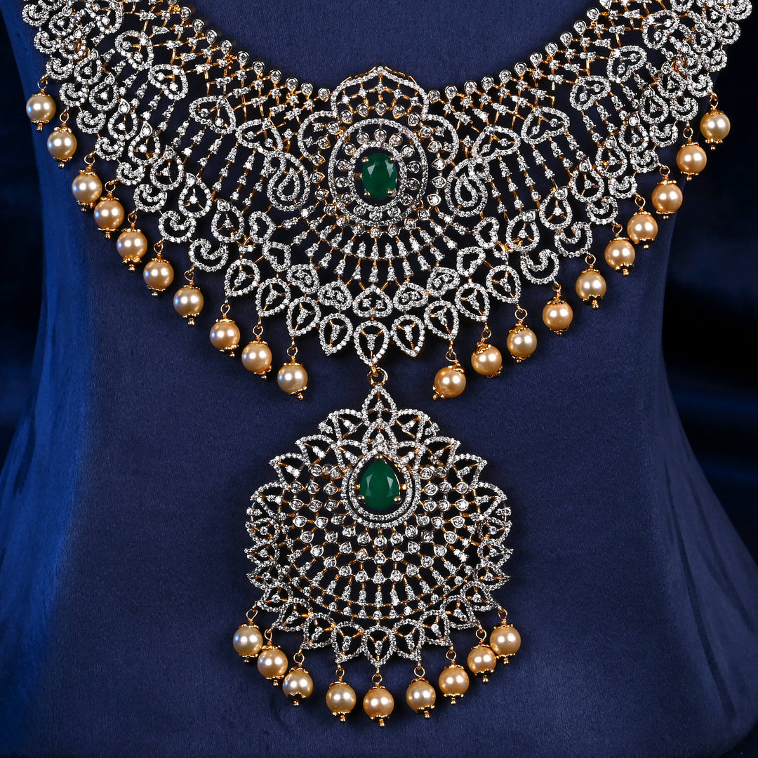 Luxury bridal necklace in 92.5 silver with semi-precious emerald stones and intricate design, handcrafted wedding jewellery for brides by Sri Fine Jewellery, Hyderabd
(https://srifinejewellery.com)