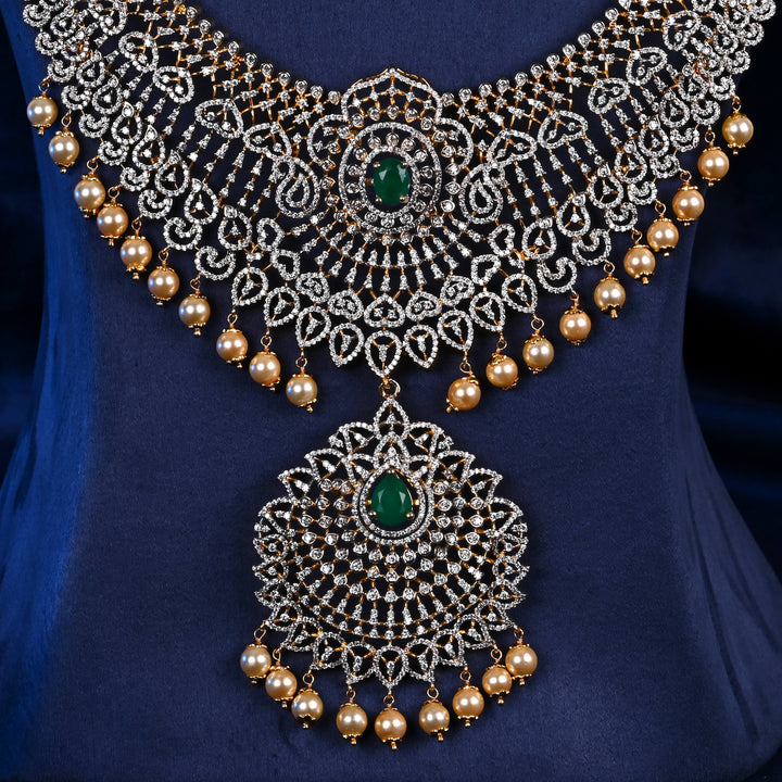 Luxury bridal necklace in 92.5 silver with semi-precious emerald stones and intricate design, handcrafted wedding jewellery for brides by Sri Fine Jewellery, Hyderabd
(https://srifinejewellery.com)